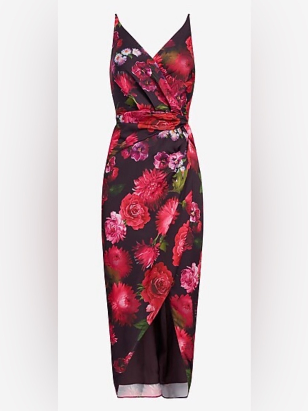 Express Black High-Low Floral Wrap Dress with Pink & Green Blooms Wedding Guest